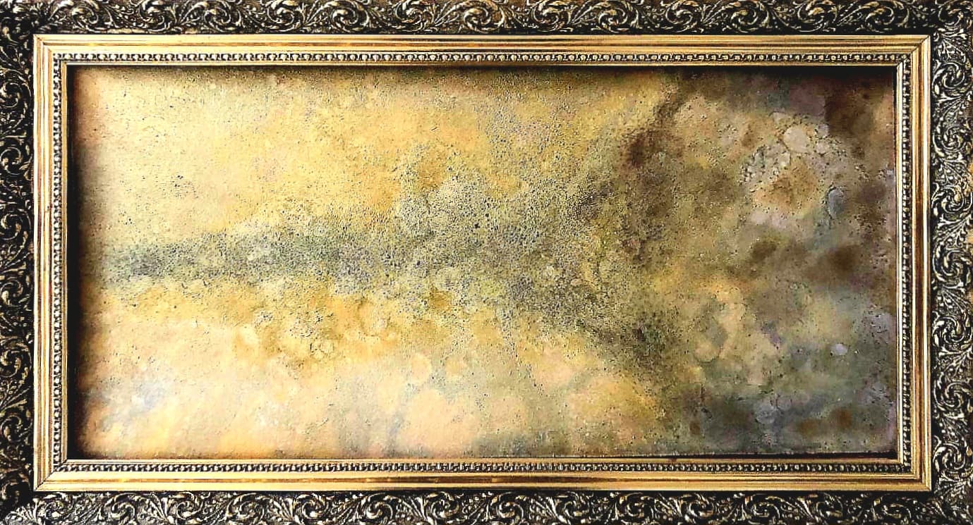 Bohatství – MDF + akryl + oheň + rám, 85 × 45 cm